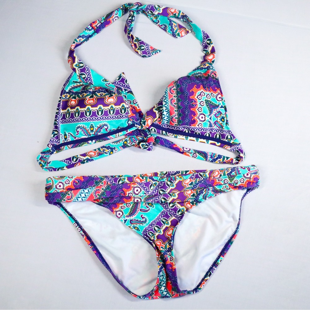 Kenneth Cole Reaction Bikini Women L Purple Paisley Halter Tie 2 Piece Swimsuit
